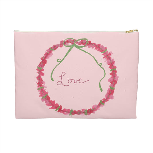 Love Wreath Accessory Pouch, Cosmetic Bag, Pencil Case- Pink