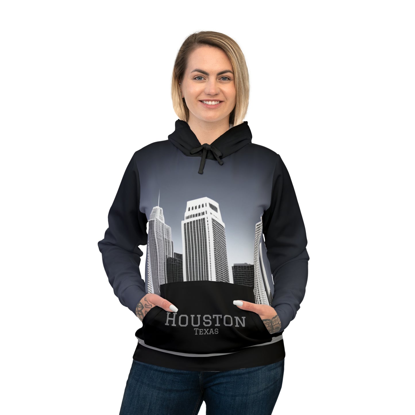 Black White Houston Views Unisex Athletic Hoodie Sweatshirt | Houston Texas