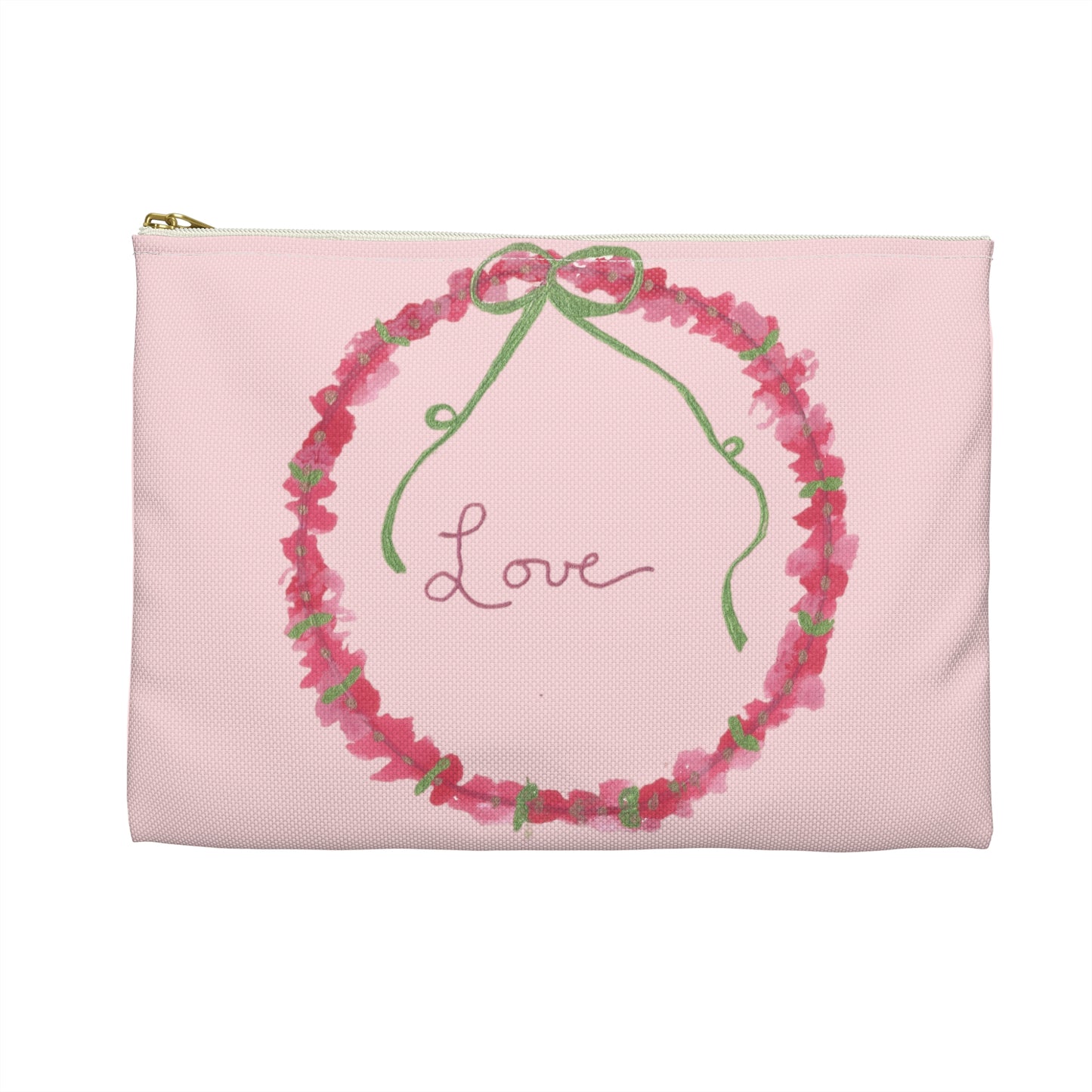 Love Wreath Accessory Pouch, Cosmetic Bag, Pencil Case- Pink