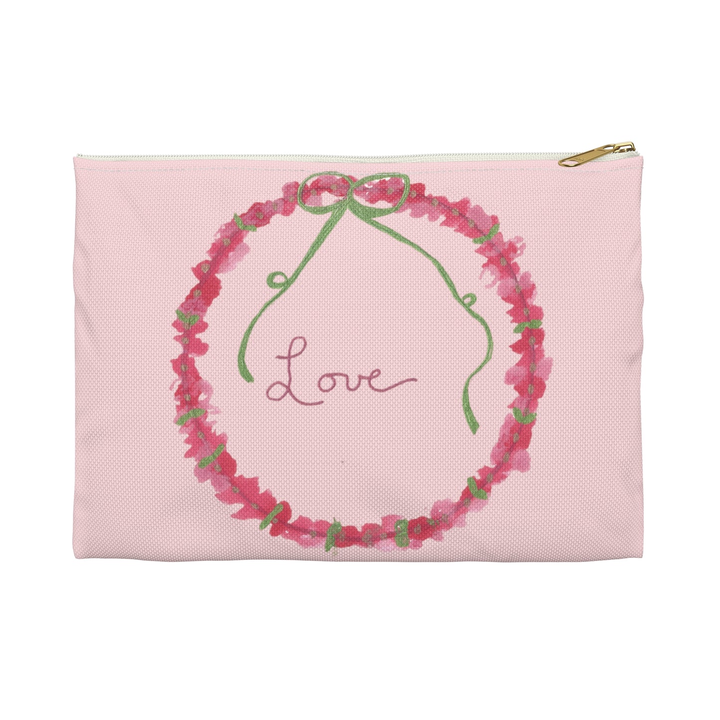 Love Wreath Accessory Pouch, Cosmetic Bag, Pencil Case- Pink