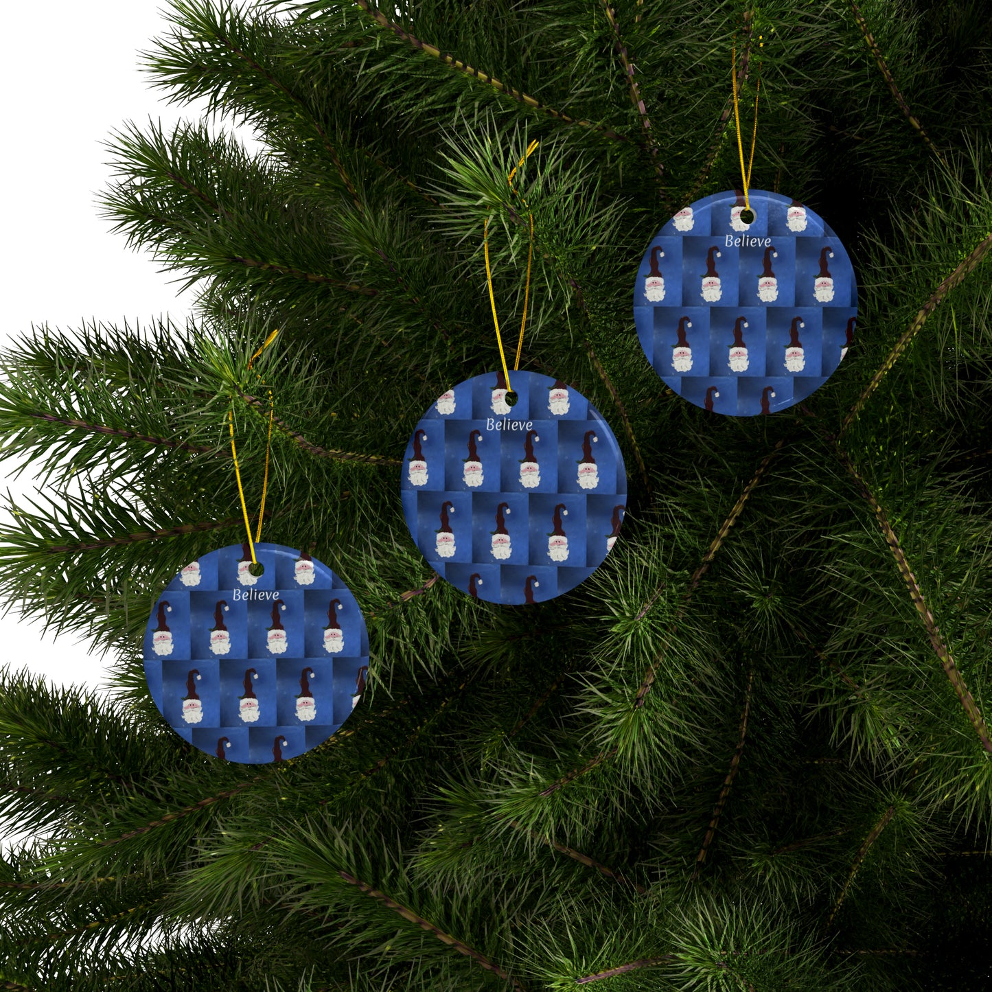 Santa I Believe Grid Ceramic Ornaments (3pcs, 5pcs, 10pcs)